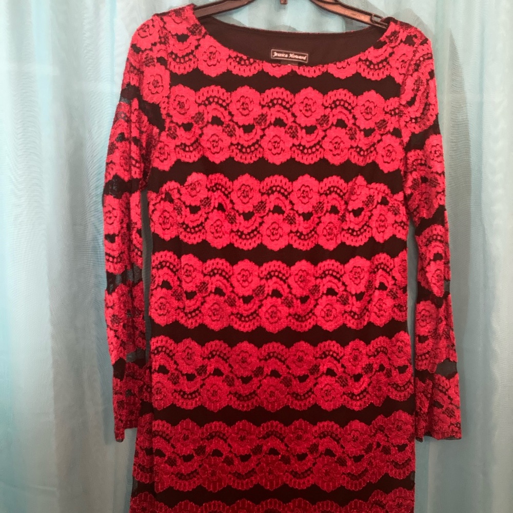 Jessica Howard Red Black Mini Dress Lace